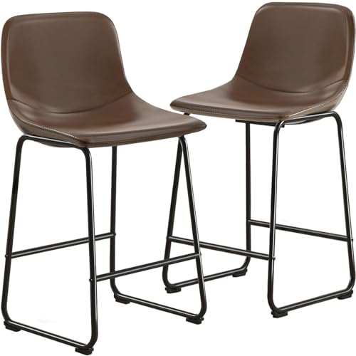 Counter Height Bar Stools Set of 2 with Metal Legs, Hold up to 500 lbs - Brown