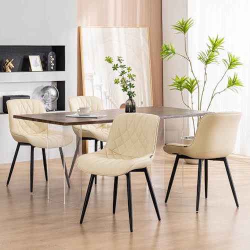 Set of 2 Mid Century Modern Beige Dining Chairs - Comfortable Upholstered Faux Leather for Kitchen and Dining Room