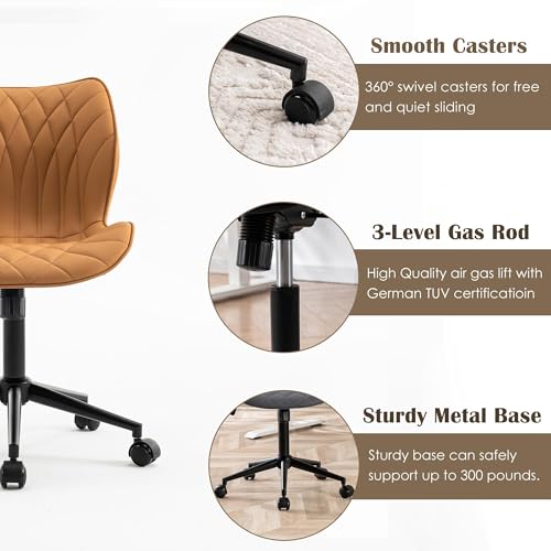 WKGZ INVESTCO Ergonomic Armless Office Chair with Wheels - Adjustable Faux Leather Swivel Chair (Camel)