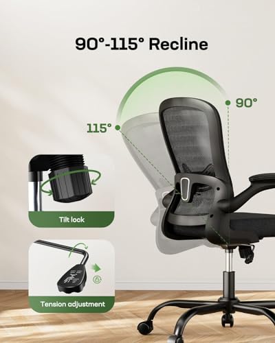 Ergonomic Marsail Office Chair: Mesh Back Desk Chair with Adjustable Lumbar Support and Flip-up Armrests (Bright Black)