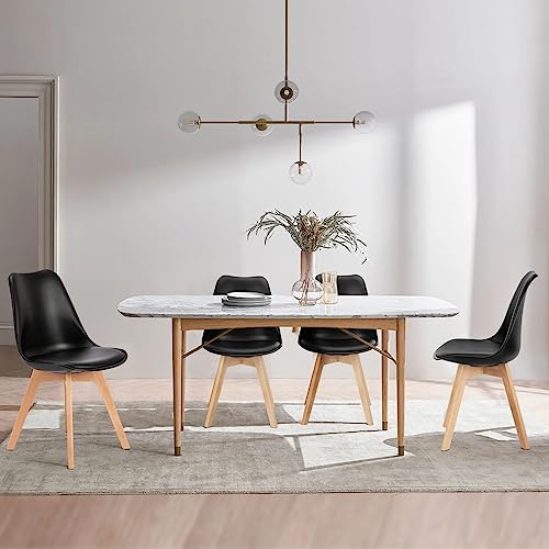 Mid-Century Modern Dining Chairs Set of 4 in Black PU Leather for Home or Outdoor Use