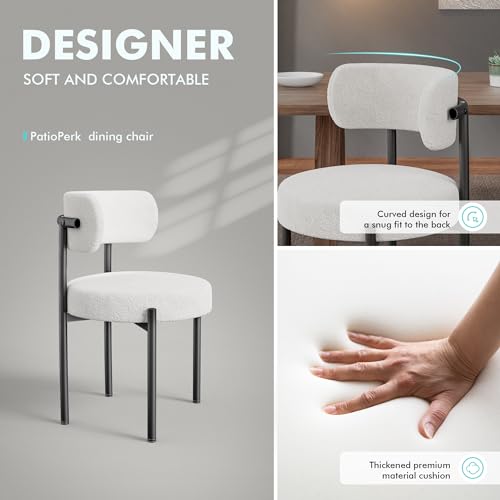 Set of 4 White Mid-Century Modern Boucle Dining Chairs with Curved Backrest and Metal Legs