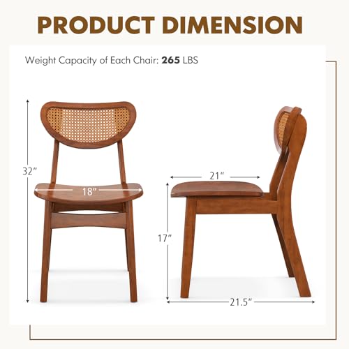 Giantex Set of 4 Armless Wooden Dining Chairs with Cane Backrest and Rubber Wood Legs, Walnut Farmhouse Accent Chairs, Max Load 265 lbs