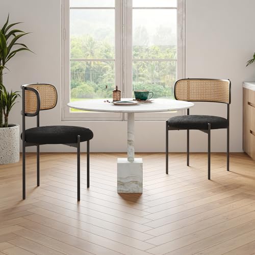 4 Farini Modern Upholstered Dining Chairs - Black Rattan Back Metal Legs