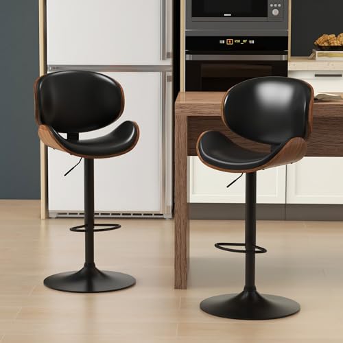 KCC Set of 2 Adjustable Swivel Bar Stools with PU Leather and Footrest - Black