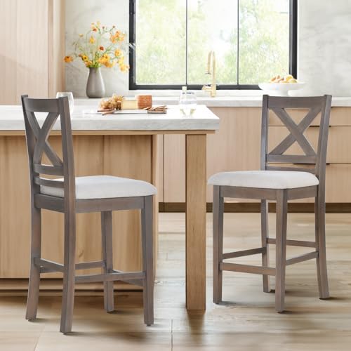 Mid Century Modern Wooden Bar Stools Set of 2 for Kitchen Island Dining - Light Brown Wash