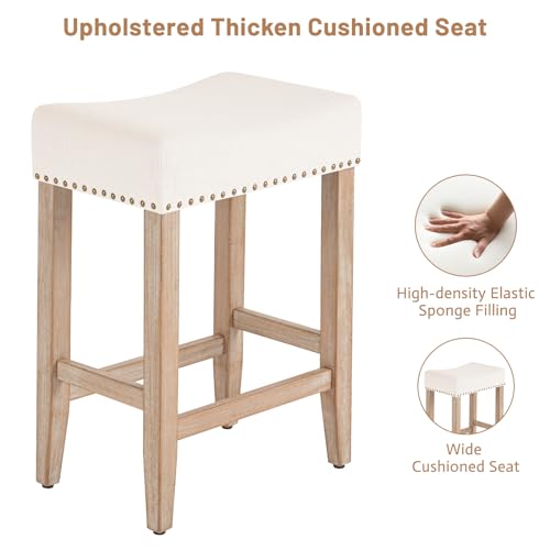 Kitchen Bar Stools Set of 2, Counter Height with Wooden Legs, Beige