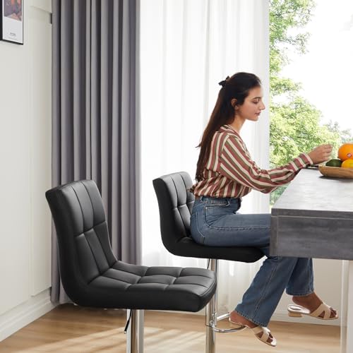 Sweetcripy Set of 2 Adjustable PU Leather Bar Stools, Armless Hydraulic Kitchen Counter Height, Black