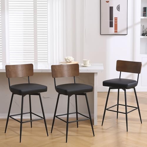 3-Piece Black Swivel Bar Stool Set, Faux Leather, Wood Back, 29" High for Kitchen Island