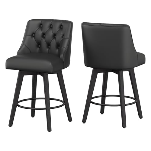Set of 2 Black Counter Height Swivel Bar Stools with Back and Footrest - 26.8 Inch Linen Upholstered with Solid Wood Legs for Kitchen Island, Dining Room, Pub