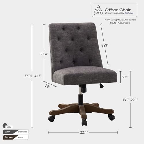 HUIMO Armless Swivel Office Chair with Wooden Legs - Adjustable Height Desk Chair for Home Office (Grey)