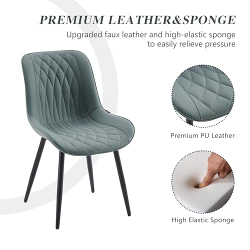 YOUNIKE Set of 2 High Back Mid Century Modern Dining Chairs - Greyish Green PU Faux Leather with Metal Legs