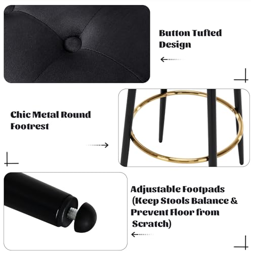 Furniliving Set of 2 Black Velvet Bar Stools with Golden Footrest - 30 for Kitchen Island, Coffee Shop, and Home Balcony