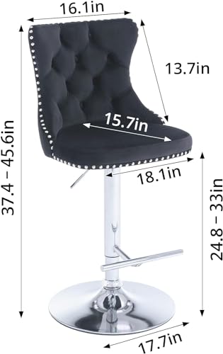 Adjustable Velvet Swivel Bar Stools Set of 2 with High Backs, Modern Design for Kitchen Islands and Dining Rooms - Black