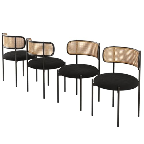 Set of 4 Farini Modern Upholstered Dining Chairs with Rattan Back and Metal Legs - Black