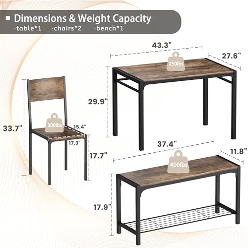 JUMMICO 43.3 Modern Dining Set for 4: Rectangular Table with Bench & 2 Chairs (Rustic Brown)
