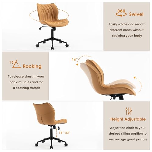 WKGZ INVESTCO Ergonomic Armless Office Chair with Wheels - Adjustable Faux Leather Swivel Chair (Camel)
