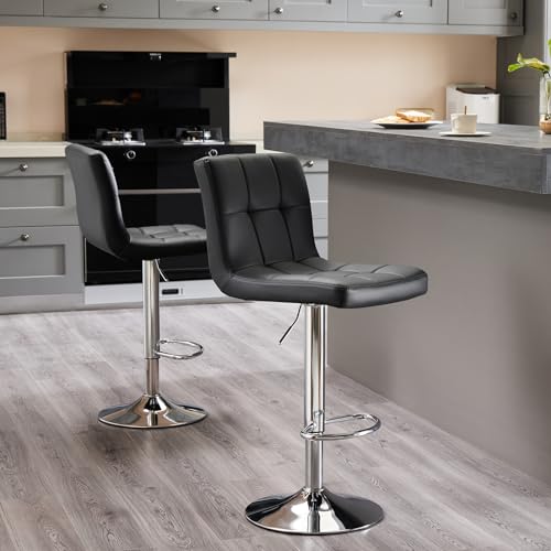 Sweetcry Set of 2 Adjustable Black Hydraulic Bar Stools, Kitchen Counter Height