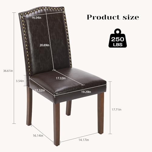 Mid-Century Modern Brown Upholstered Dining Chairs Set of 4 with Nailhead Trim