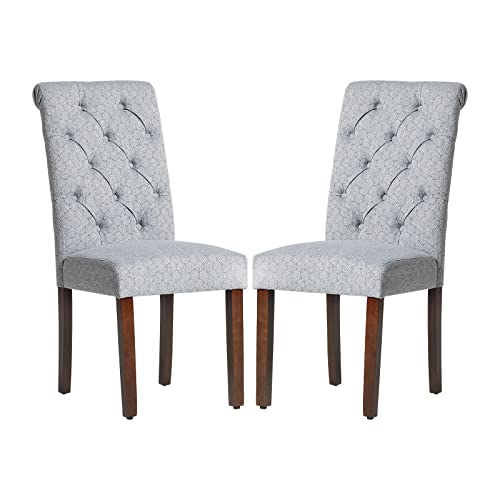 Set of 2 Blue Fabric Dining Chairs with Button Tufted Design for Kitchen or Dining Room
