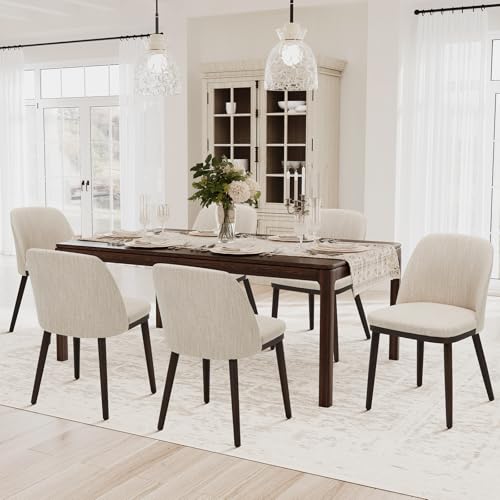 COLAMY Set of 4 Upholstered Dining Chairs, Modern Beige Fabric Side Chairs with Wood Legs for Kitchen and Dining Room