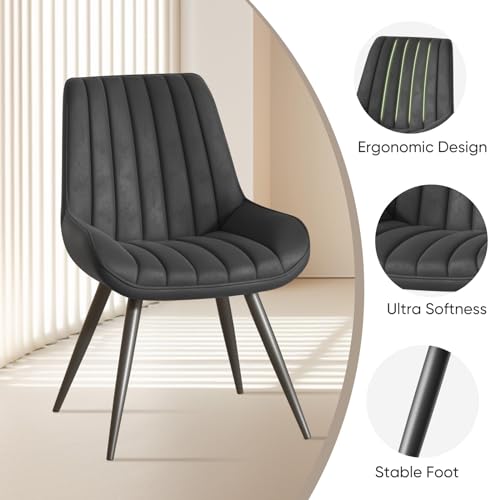 Set of 2 Modern Comfortable Dining Chairs with Cushions and Metal Legs, Black