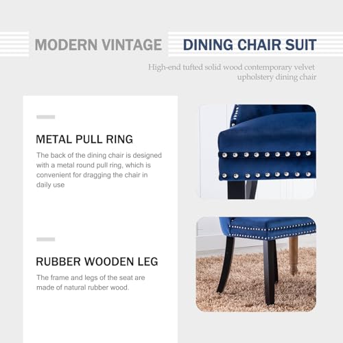 Blue Velvet Dining Chairs Set of 2 – Modern Upholstered Seating for Kitchen, Bedroom & Living Room with Ring Pull Trim and Button Back