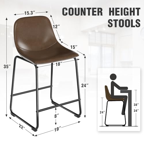 Counter Height Bar Stools Set of 2 with Metal Legs, Hold up to 500 lbs - Brown