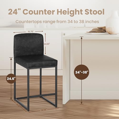 PHI VILLA Set of 2 Counter Height Bar Stools - 24 Modern PU Leather Kitchen Chairs with Backs
