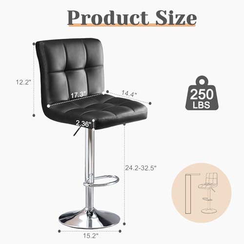 Sweetcripy Set of 2 Adjustable PU Leather Bar Stools, Armless Hydraulic Kitchen Counter Height, Black