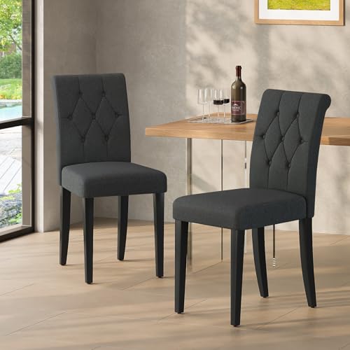 Set of 4 Black Upholstered Button Tufted Dining Chairs with Solid Wood Legs