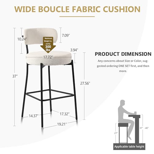 Modern White Bar Stools Set of 2 for Kitchen Island, 27 Counter Height