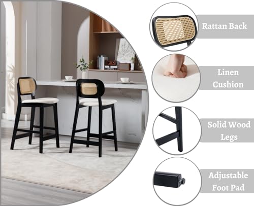 2-Pack Rattan Back Counter Height Bar Stools for Farmhouse Kitchen Island, Beige