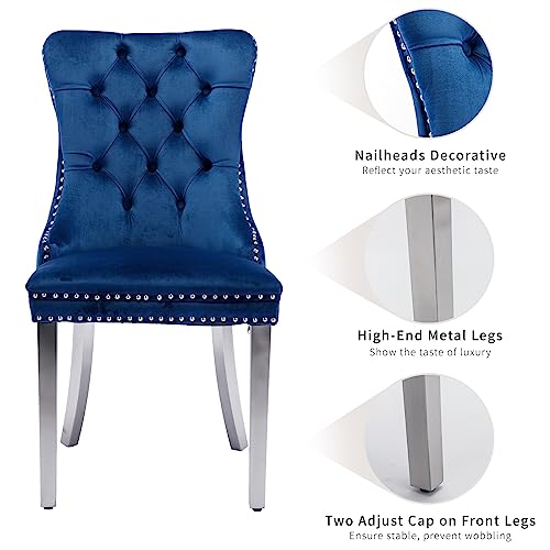 Set of 2 Blue Velvet Tufted Dining Chairs with Chrome Legs