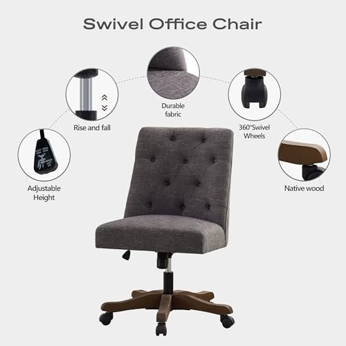 HUIMO Armless Swivel Office Chair with Wooden Legs - Adjustable Height Desk Chair for Home Office (Grey)