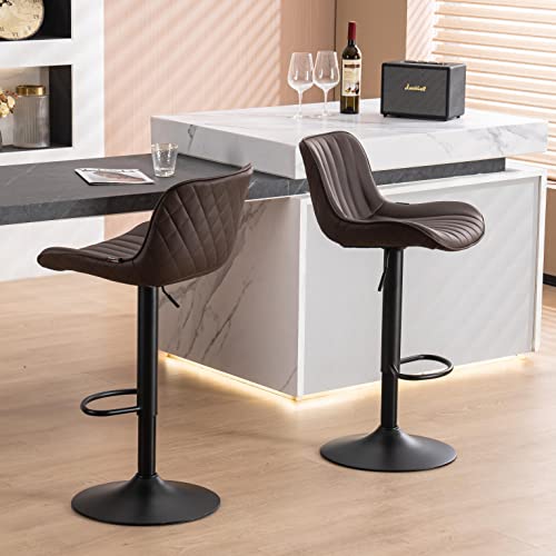 WKGZ INVESTCO Set of 2 Modern Adjustable Swivel Bar Stools with Backs for Kitchen Island - Brown Mid-Century PU Leather