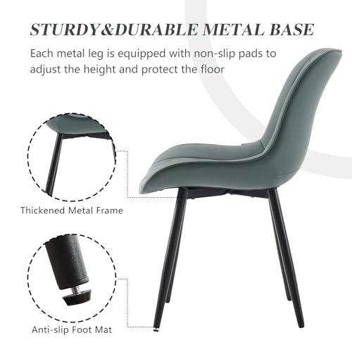 YOUNIKE Set of 2 High Back Mid Century Modern Dining Chairs - Greyish Green PU Faux Leather with Metal Legs