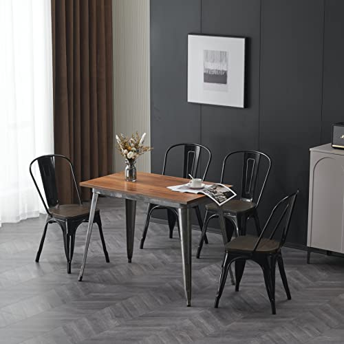 Nazhura 18-Inch Metal Dining Chair Set of 4 - Farmhouse Tolix Style, Waterproof, Stackable for Indoor/Outdoor Use (Black with Wood Padding)