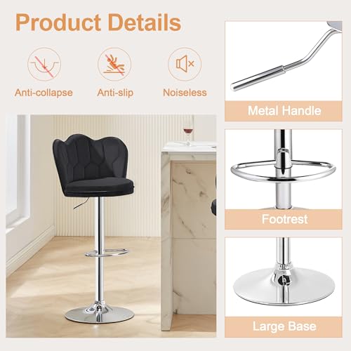 VECELO Set of 2 Adjustable Velvet Bar Stools with Back for Home and Dining Room, Black