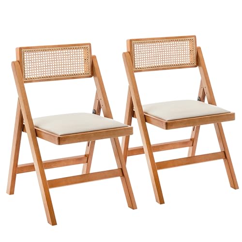 Mid Century Modern Wood & Rattan Folding Chairs for Kitchen and Patio