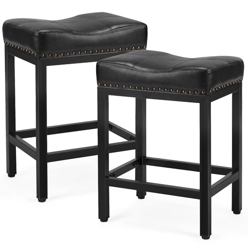 Set of 2 24 inch Upholstered Modern Kitchen Barstools with Metal Base for Kitchen Island in Black