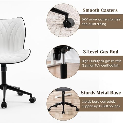 Armless Office Chair with Wheels and Adjustable Height for Home Office or Vanity Use