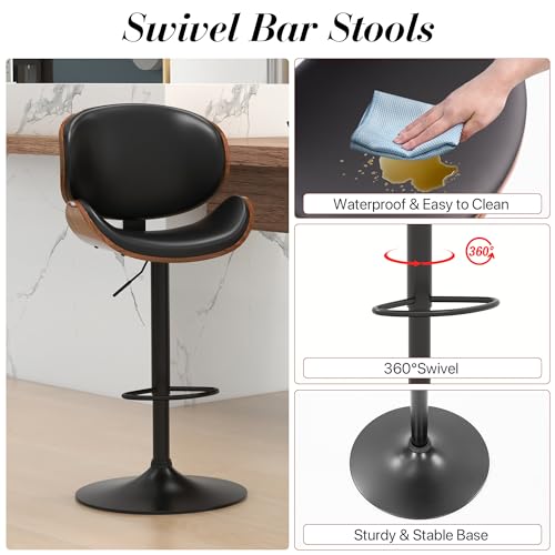 KCC Set of 2 Adjustable Swivel Bar Stools with PU Leather and Footrest - Black