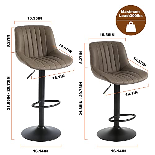 Set of 2 Adjustable Swivel Bar Stools with Back, Brown Faux Leather