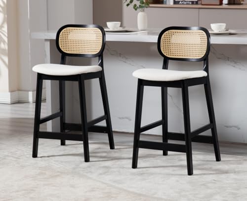Beige 2-Pack Rattan Back Bar Stools for Farmhouse Kitchen Island