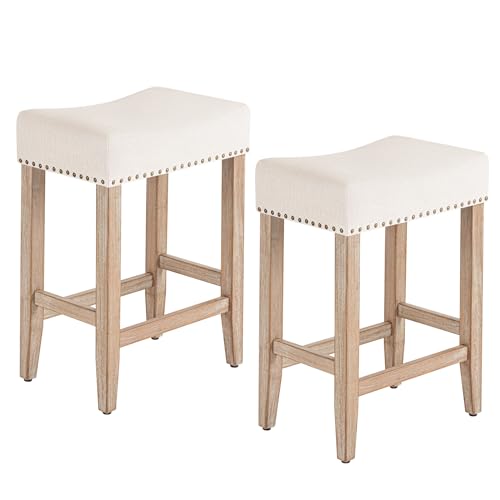 Kitchen Bar Stools Set of 2, Counter Height with Wooden Legs, Beige