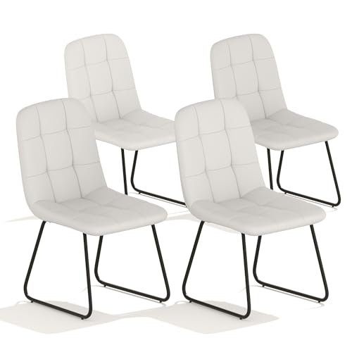 4 Modern Off-White Faux Leather Dining Chairs with Black Legs