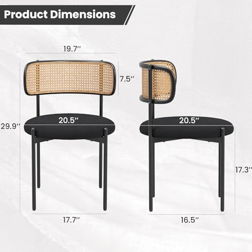Set of 4 Farini Modern Upholstered Dining Chairs with Rattan Back and Metal Legs - Black