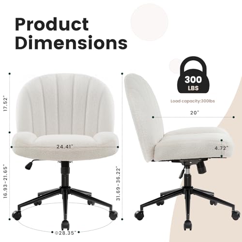 Ergonomic Armless Desk Chair with Wheels, Height Adjustable Fabric Padded Seat for Home and Bedroom (White)