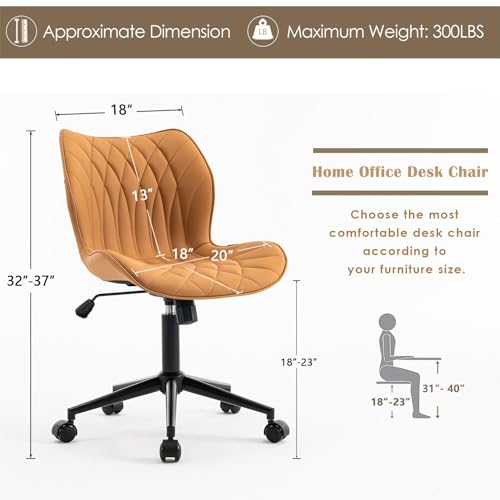 WKGZ INVESTCO Ergonomic Armless Office Chair with Wheels - Adjustable Faux Leather Swivel Chair (Camel)